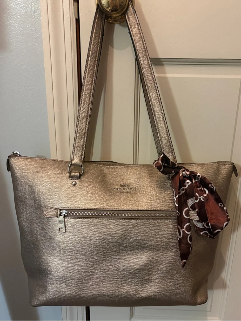 Coach Metallic Gold Tote with Brown Scarf Accent
